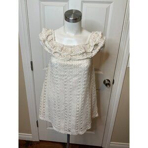 Sezane White Crochet Lace Ruffle Square Neck Mini Dress, SizeMedium